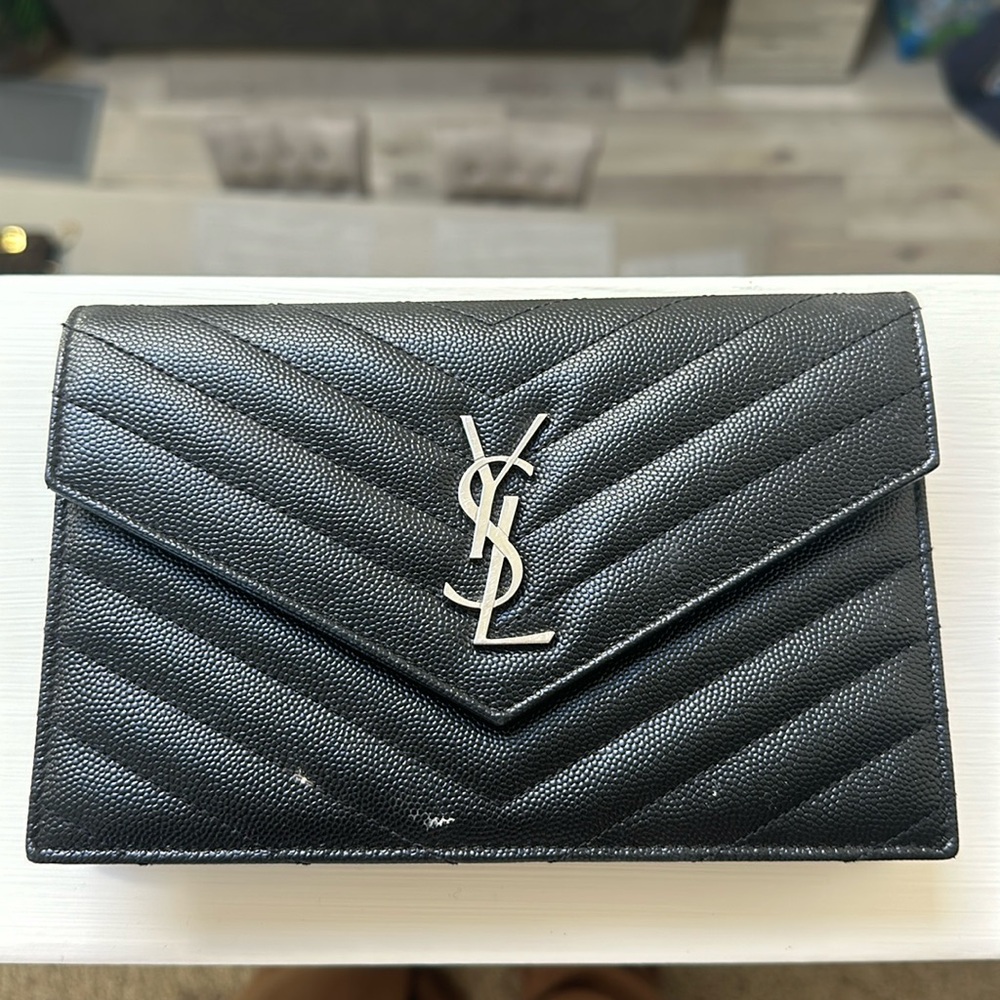 Yves Saint Laurent Black Envelope Leather Chain Wallet